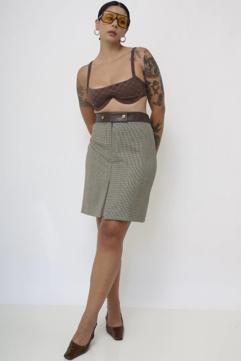 Saia xadrez cós couro Daslu