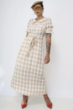 Vestido xadrez manga vintage na internet