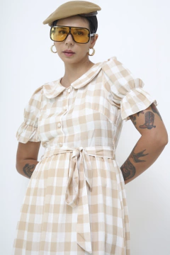 Vestido xadrez manga vintage na internet