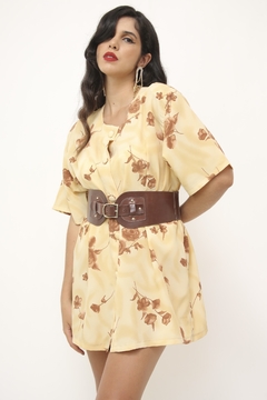 Camisa vestido bege com flores marrom - comprar online