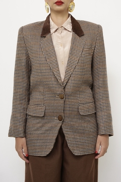 Blazer lã xadrez gola couro - comprar online