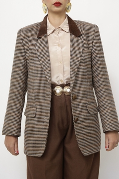 Blazer lã xadrez gola couro - Capichó Brechó