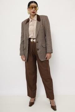 Blazer lã xadrez gola couro
