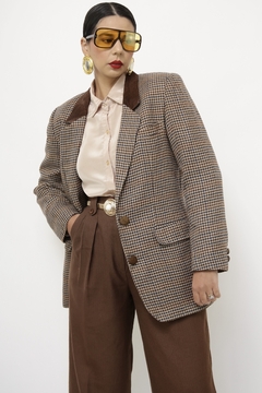 Blazer lã xadrez gola couro - loja online