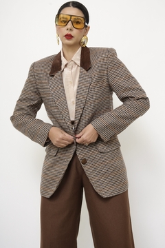Blazer lã xadrez gola couro