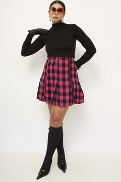 Mini saia xadrez rosa vintage - loja online