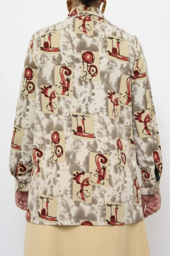 Maxi camisa estampada bege flores vermelha - Capichó Brechó