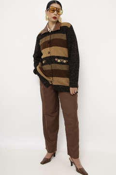 Cardigan LÃ gola de couro vintage - Capichó Brechó