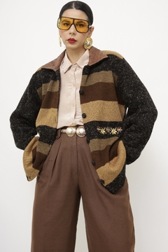 Cardigan LÃ gola de couro vintage - Capichó Brechó