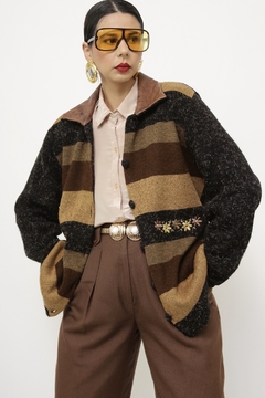 Cardigan LÃ gola de couro vintage - Capichó Brechó