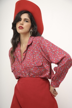 Camisa seda flores manga longa vermelha na internet