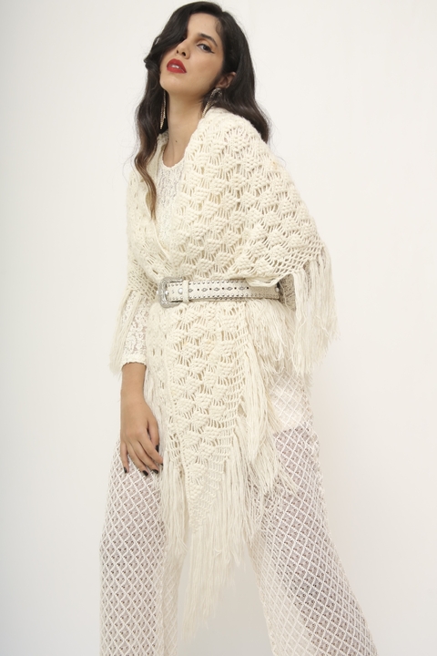 Poncho vintage branco franja