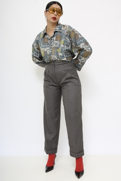 Calça cinza vintage alfaiataria leve riscas na internet