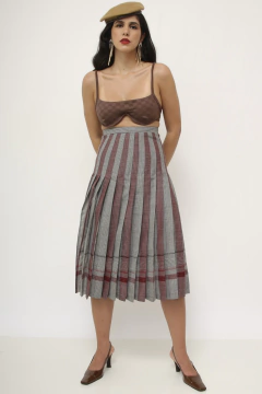 Saia midi cinza listras pura lã