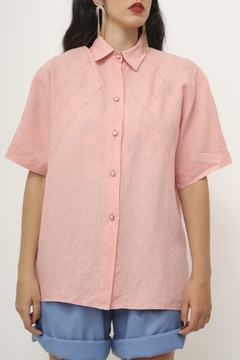 Camisa linho vintage rosa pesponto - Capichó Brechó