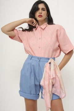 Camisa linho vintage rosa pesponto