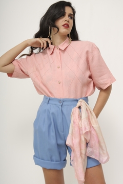 Camisa linho vintage rosa pesponto