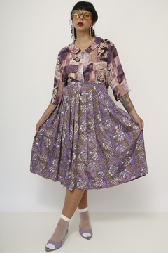 Saia roxa estampada pregas gode vintage