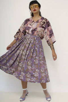 Saia roxa estampada pregas gode vintage
