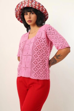 Blusa tricot crochet rosa vintage