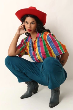 calça cintura alta verde xadrez - loja online