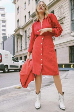 Saia cintura mega alta linho alfaiataria botões dourado