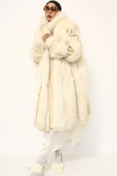 Casaco pele branco longo com couro creme