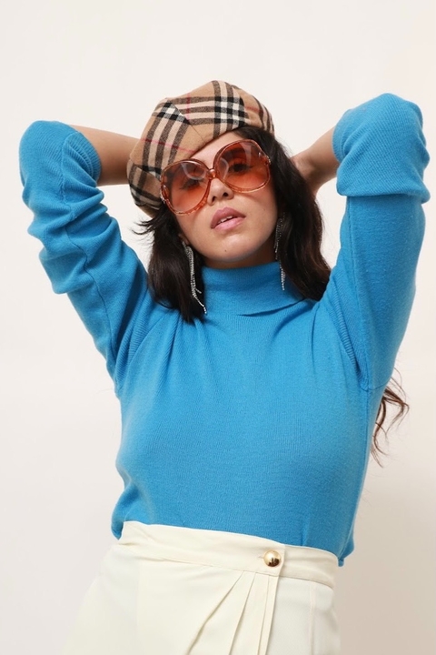 tricot azul gola alta vintage