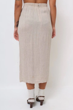 Saia midi cintura alta rayon bege fenda