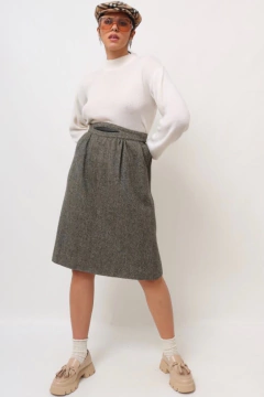 Saia cintura alta lã cinza com preto recorte couro (atelie parisiense) - comprar online