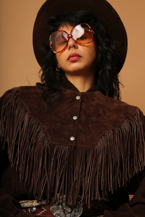 Pala franja couro marrom vintage western