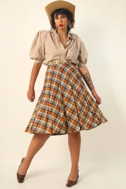 saia xadrez cintura mega alta midi