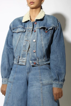 Imagem do Jaqueta jeans grosso  cropped pelego gola