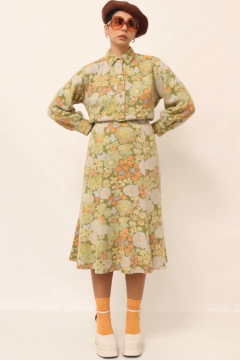 Conjunto saia + blusa verde flores hollywood