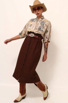 saia xadrez cintura alta marrom - comprar online