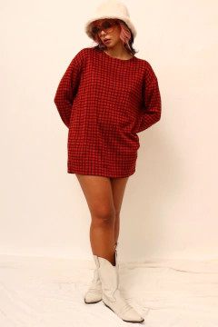 Blusa manga longa estilo tricot xadrez vermelho