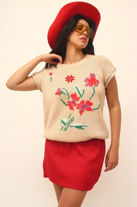 Pulover flores bege vintage