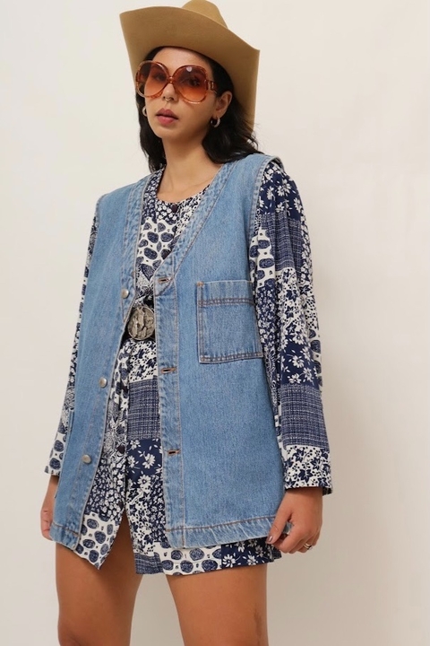 colete jeans comprido 70’ s vintage
