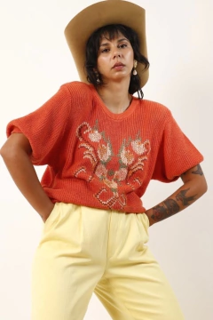 pulôver tricot laranja bordado flores