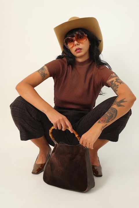 Calça xadrez cintura alta vintage