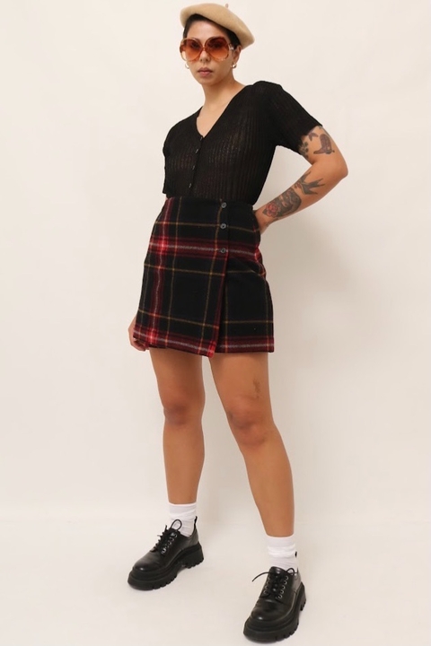 mini saia xadrez lã cintura alta