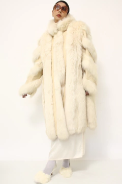 Casaco pele branco longo com couro creme - loja online