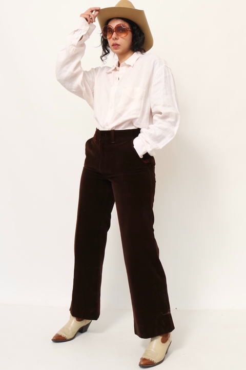 Calça cintura alta veludo marrom semi flare