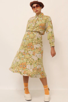Conjunto saia + blusa verde flores hollywood - Capichó Brechó