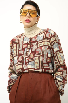 Camisa estampada marrom flores telha - loja online