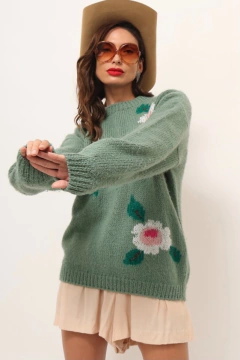 pulover verde rosas manga bunfate - comprar online