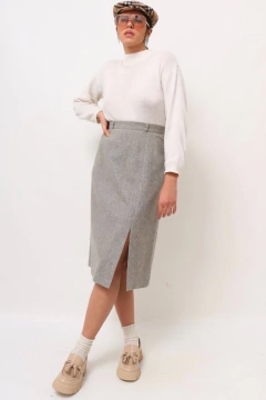 Saia cintura alta cinza Lã forrada fenda lateral midi - loja online