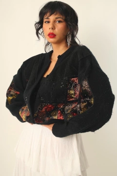 Cardigan pulover manga bufante recortes veludo