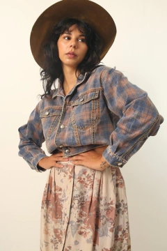 jaqueta jeans cropped xadrez vintage