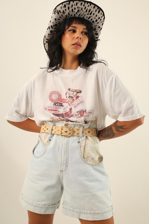 shorts jeans cintuta alta recorte floral